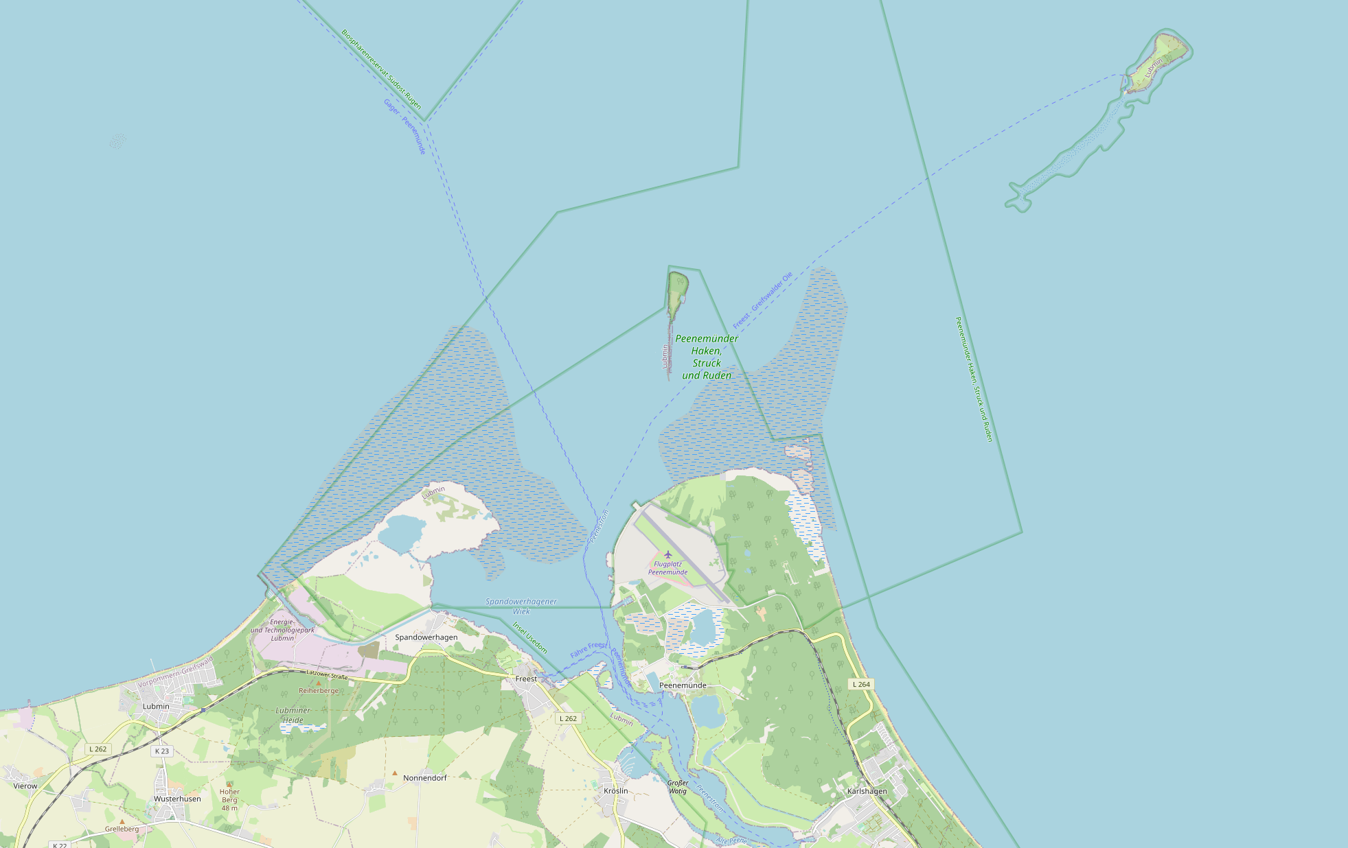 Karte vom den Inseln Ruden und Greifswalder Oie sowie dem Peenestrom