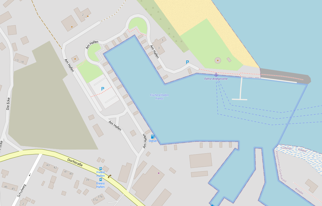 Karte vom Hafen Freest mit Anlegestelle der Fähre Freest Peenemünde