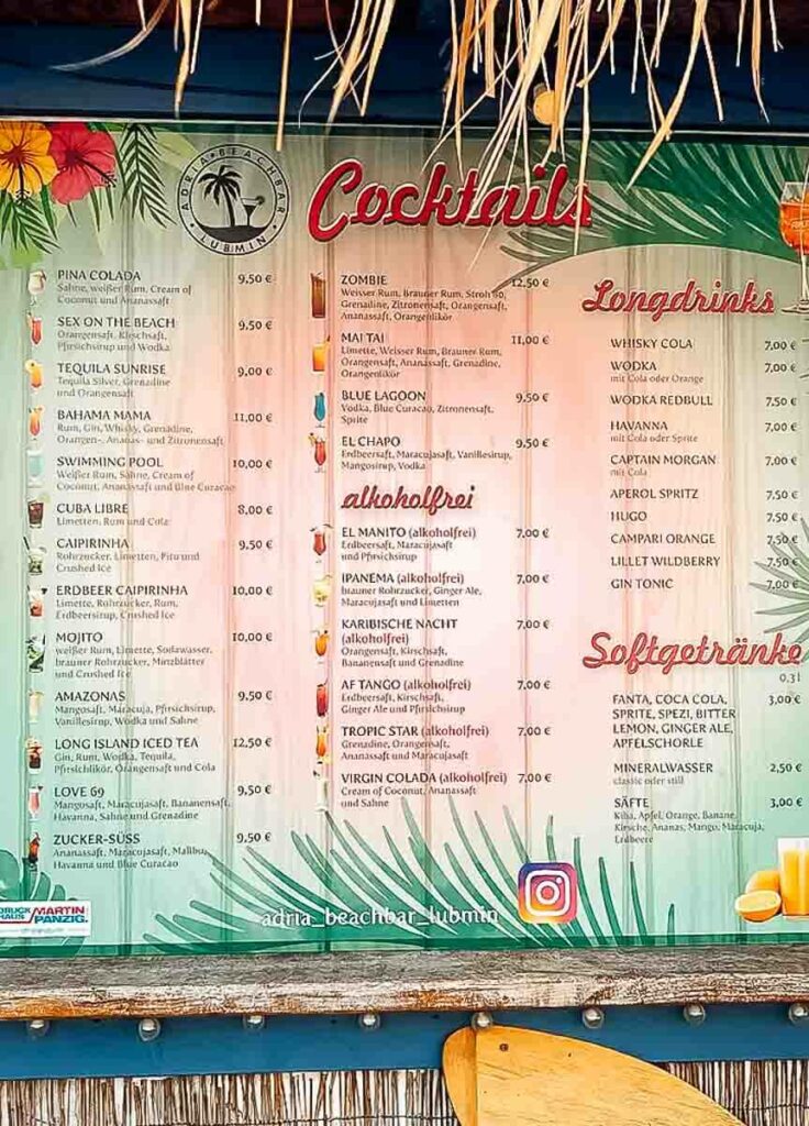 Cocktailkarte der Strandbar Adria Lubmin